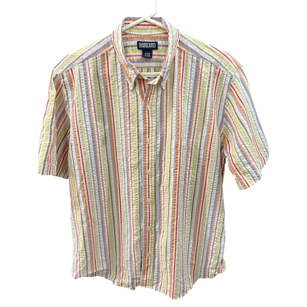 Land's End Multicolor Stripe Short Sleeve Button Down Shirt Men's Lg ~ 16-16 1/2